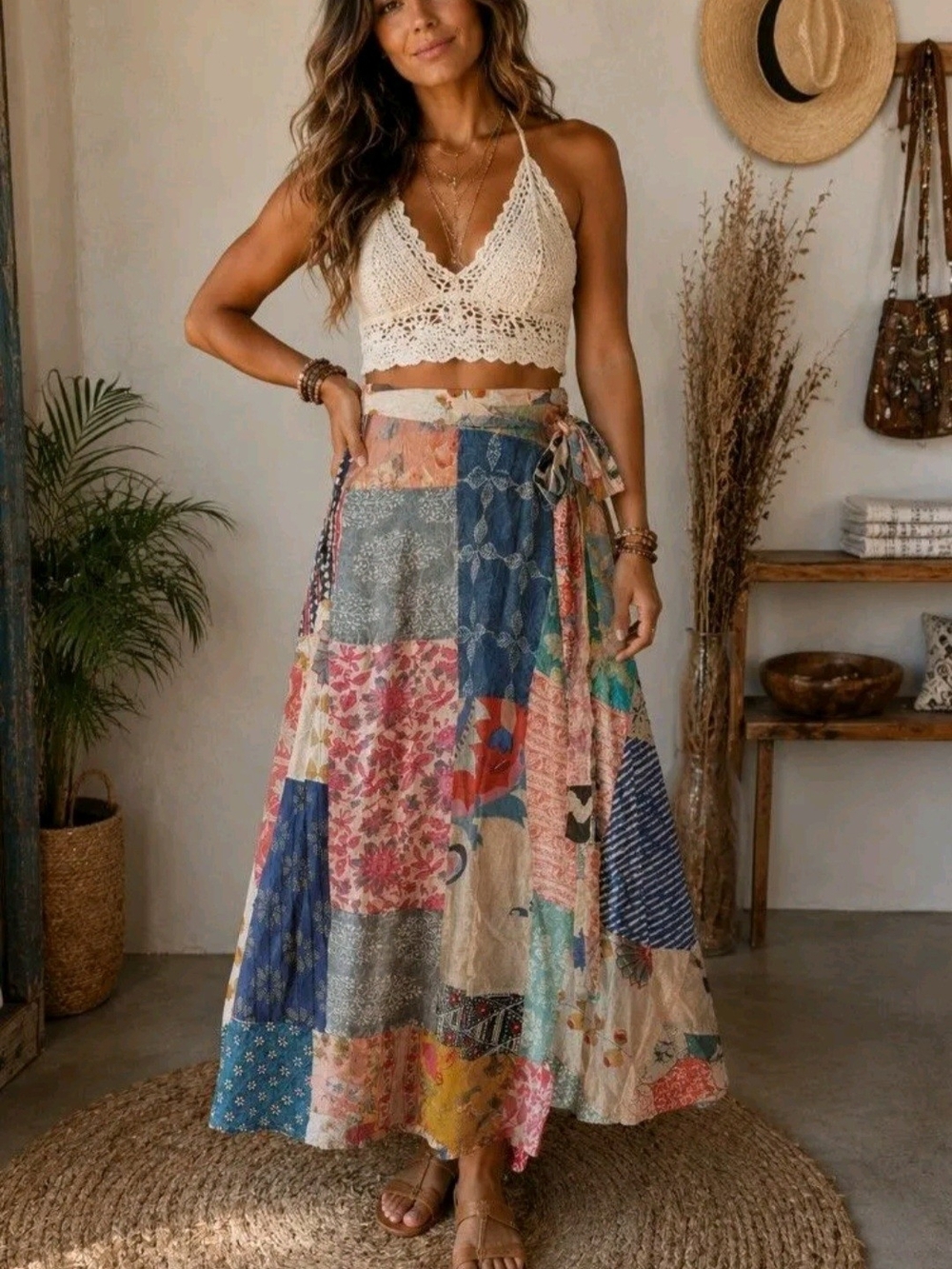 Jaded Gypsy Boho Patchwork Maxi Wrap Skirt - Multicolor Floral